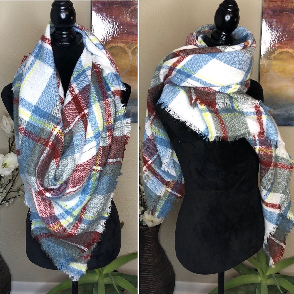 Plaid Blanket Scarf White Blue Gray Lime Green Red